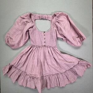 Free People Mauve Mini Dress Smocked Puff Sleeve Open Back OB1463259 Small